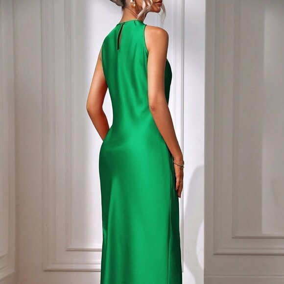 Chic Womens Green Split Thigh Satin Maxi Dress - Picture 3 of 5